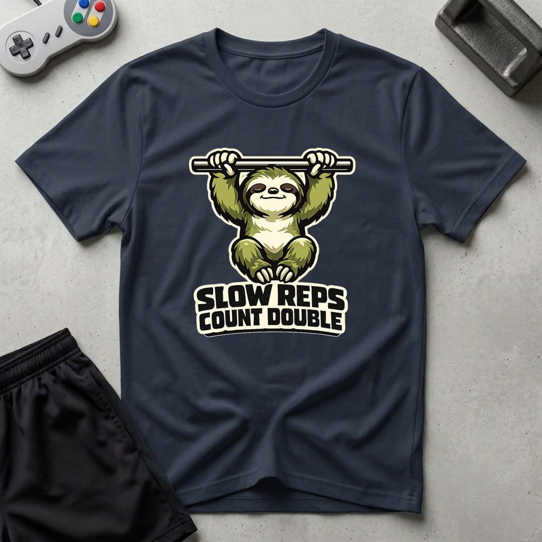 DreamMaker mockup — Slow Reps Count Double T-Shirt (navy)