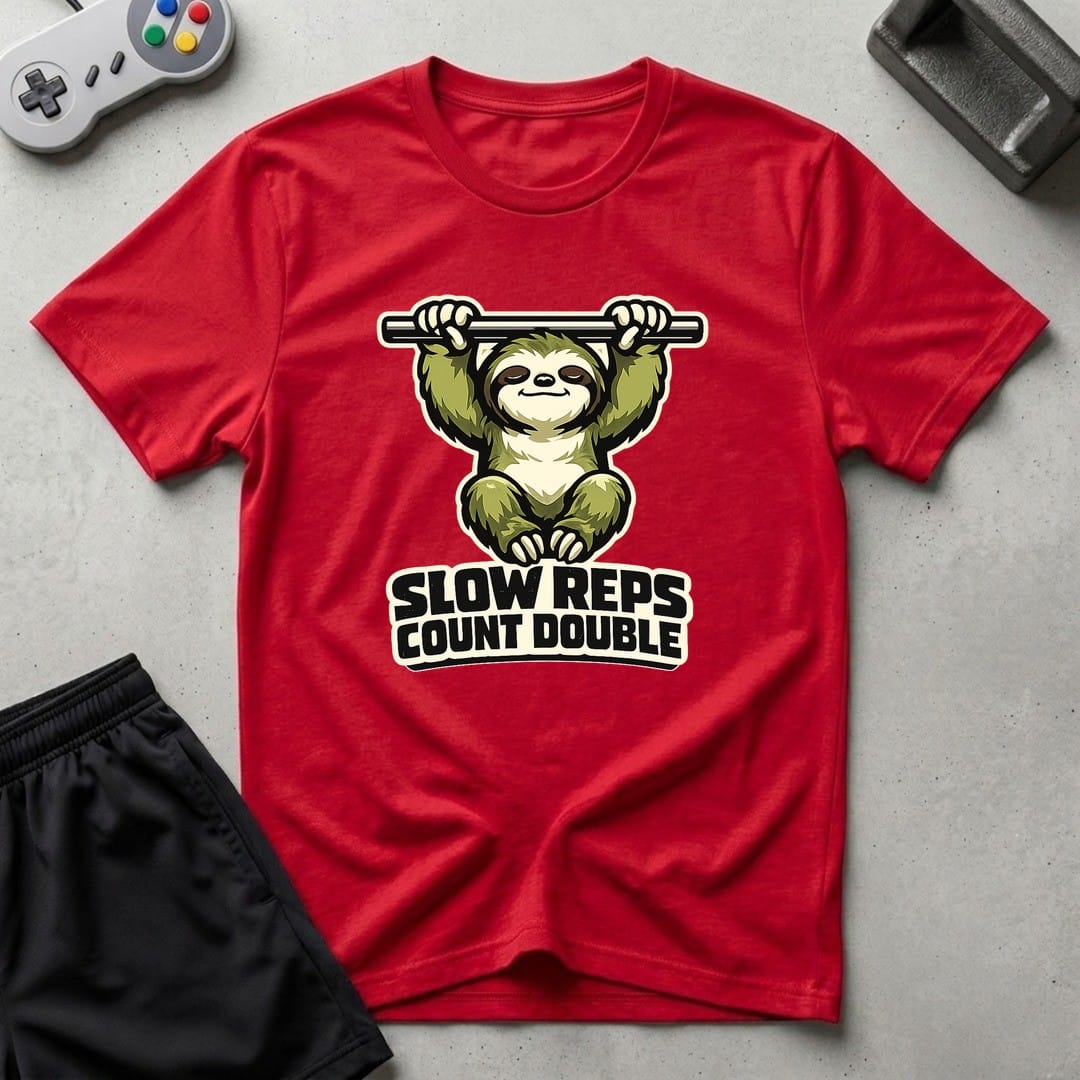 DreamMaker mockup — Slow Reps Count Double T-Shirt (red)