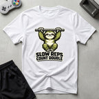 DreamMaker mockup — Slow Reps Count Double T-Shirt (white)