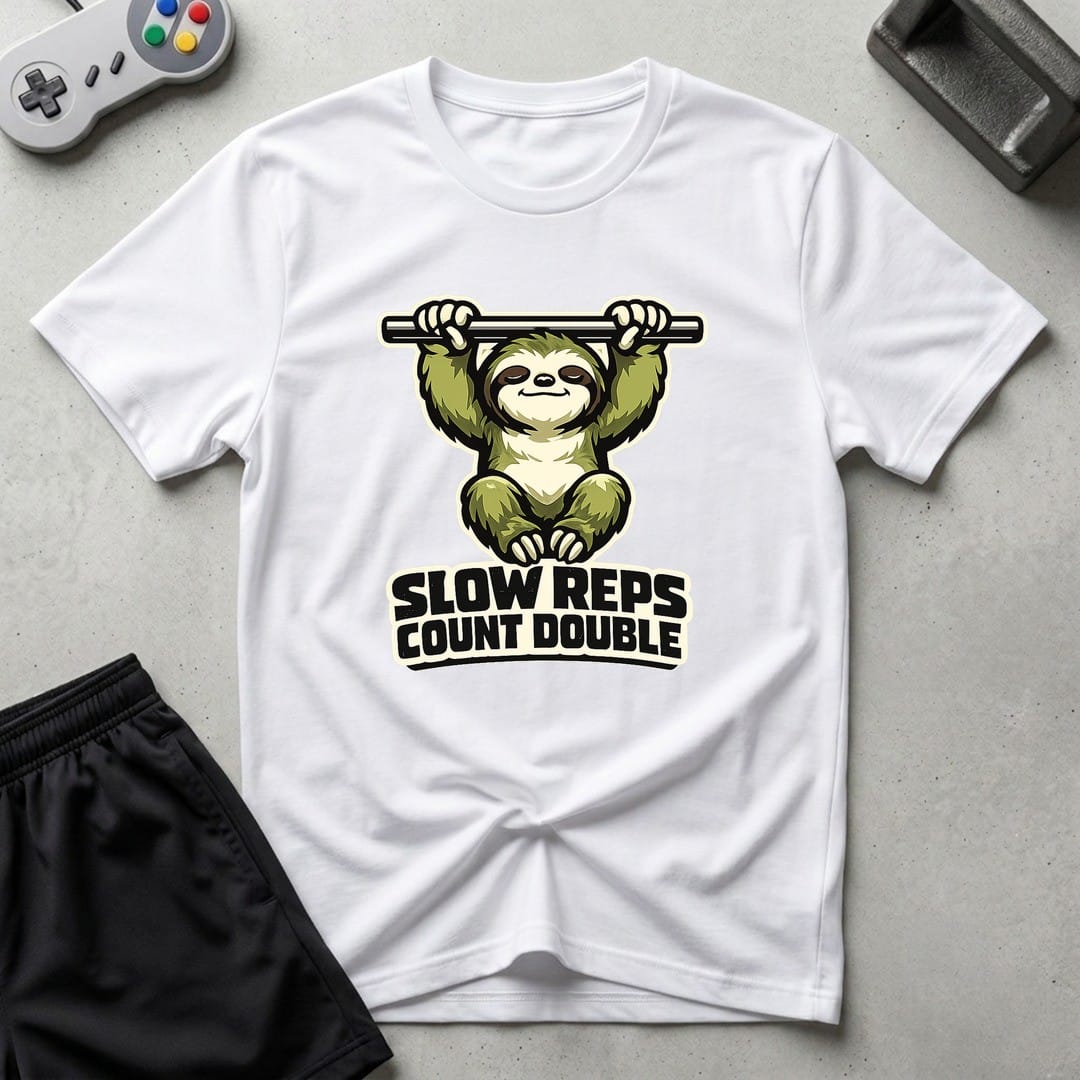 DreamMaker mockup — Slow Reps Count Double T-Shirt (white)