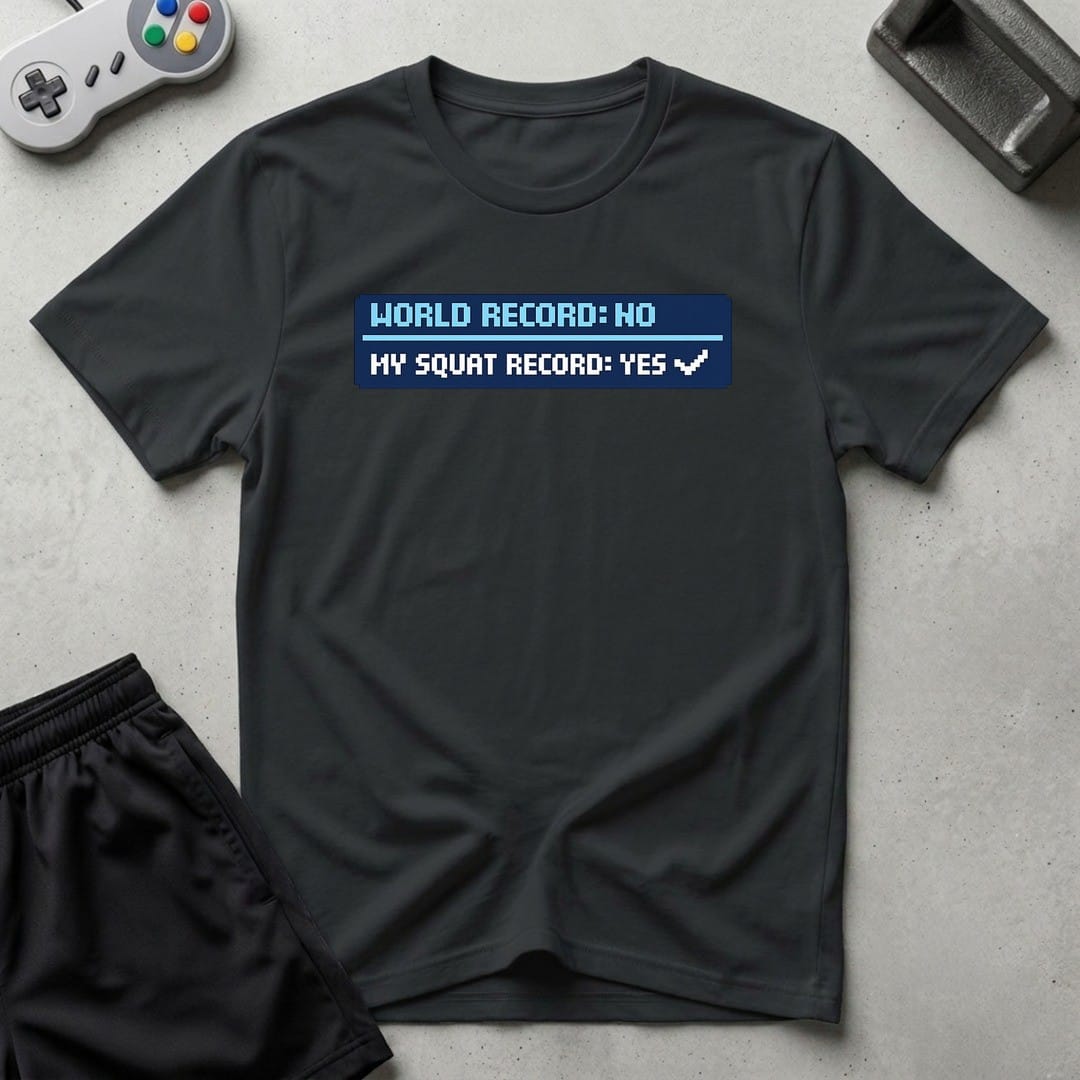 DreamMaker mockup — Squat Record T-Shirt (black)