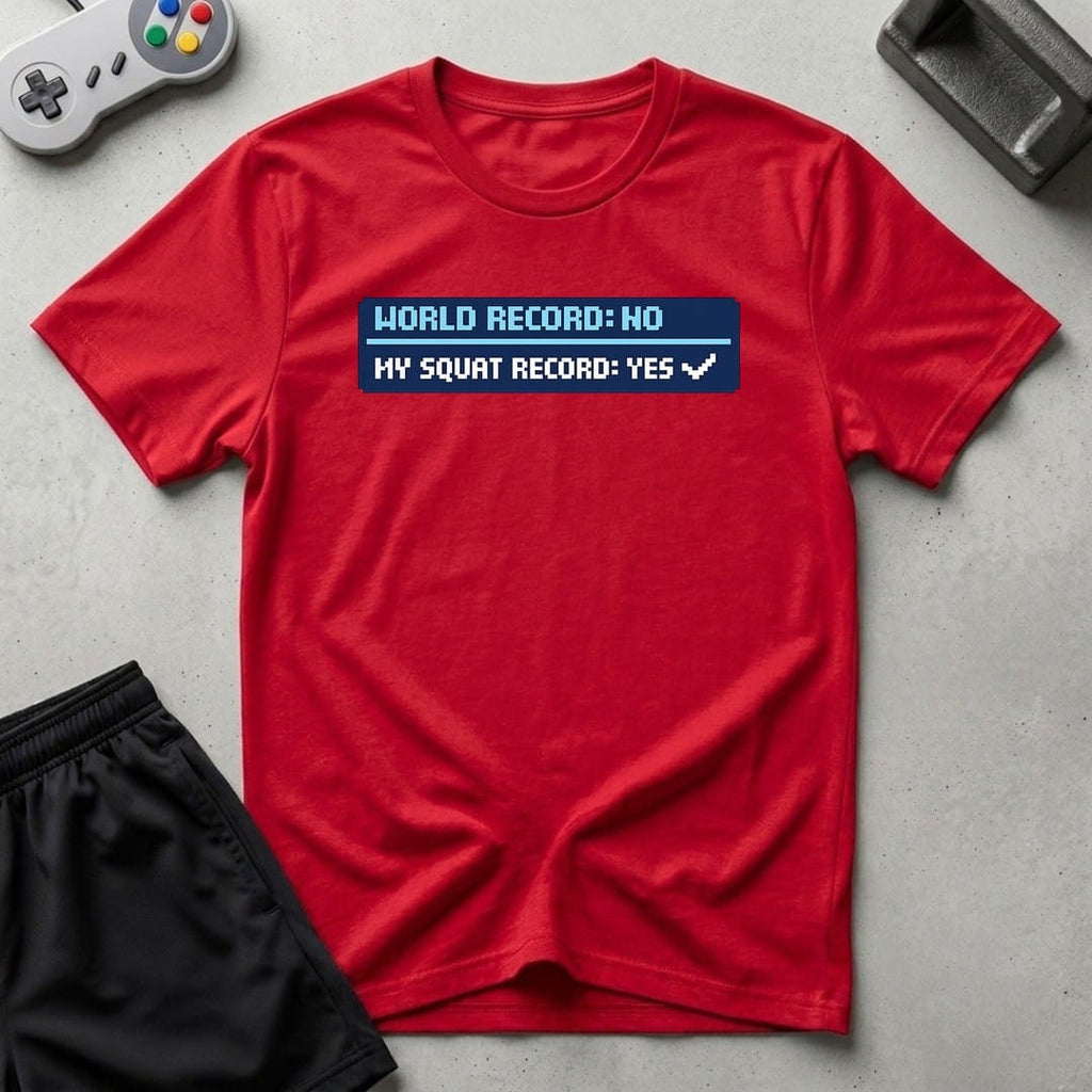 DreamMaker mockup — Squat Record T-Shirt (red)