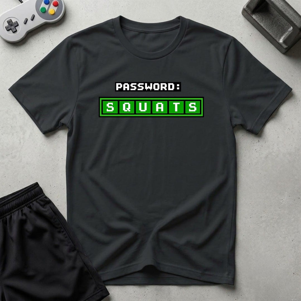 DreamMaker mockup — Squats Password T-Shirt (black)