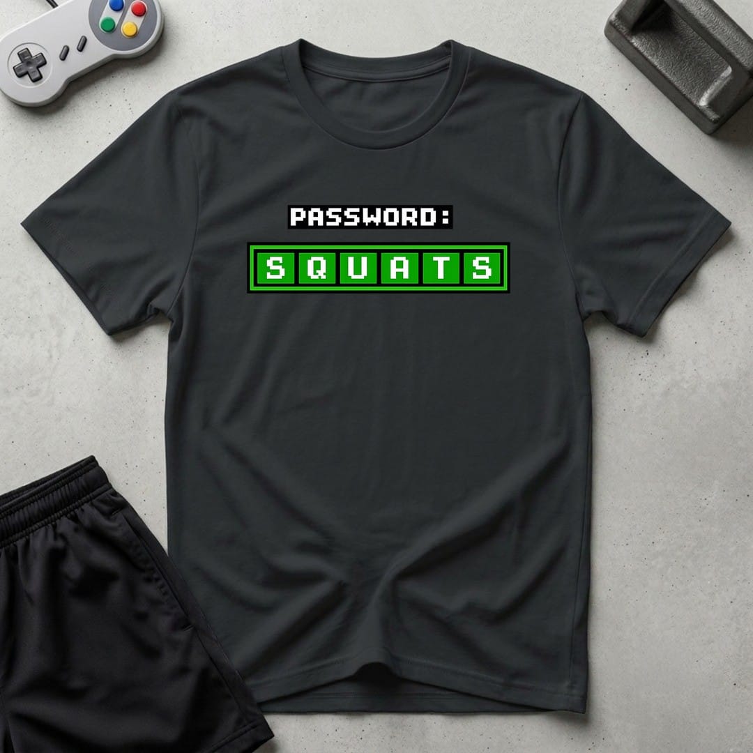 DreamMaker mockup — Squats Password T-Shirt (black)
