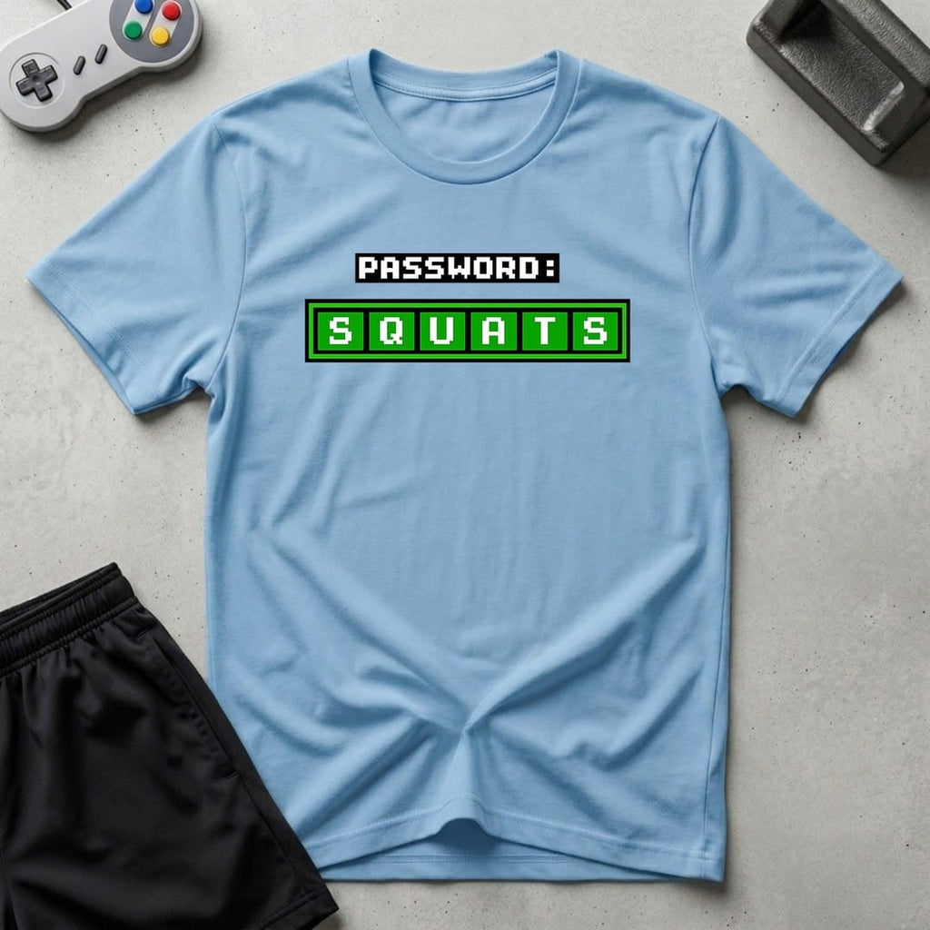 DreamMaker mockup — Squats Password T-Shirt (light-blue)