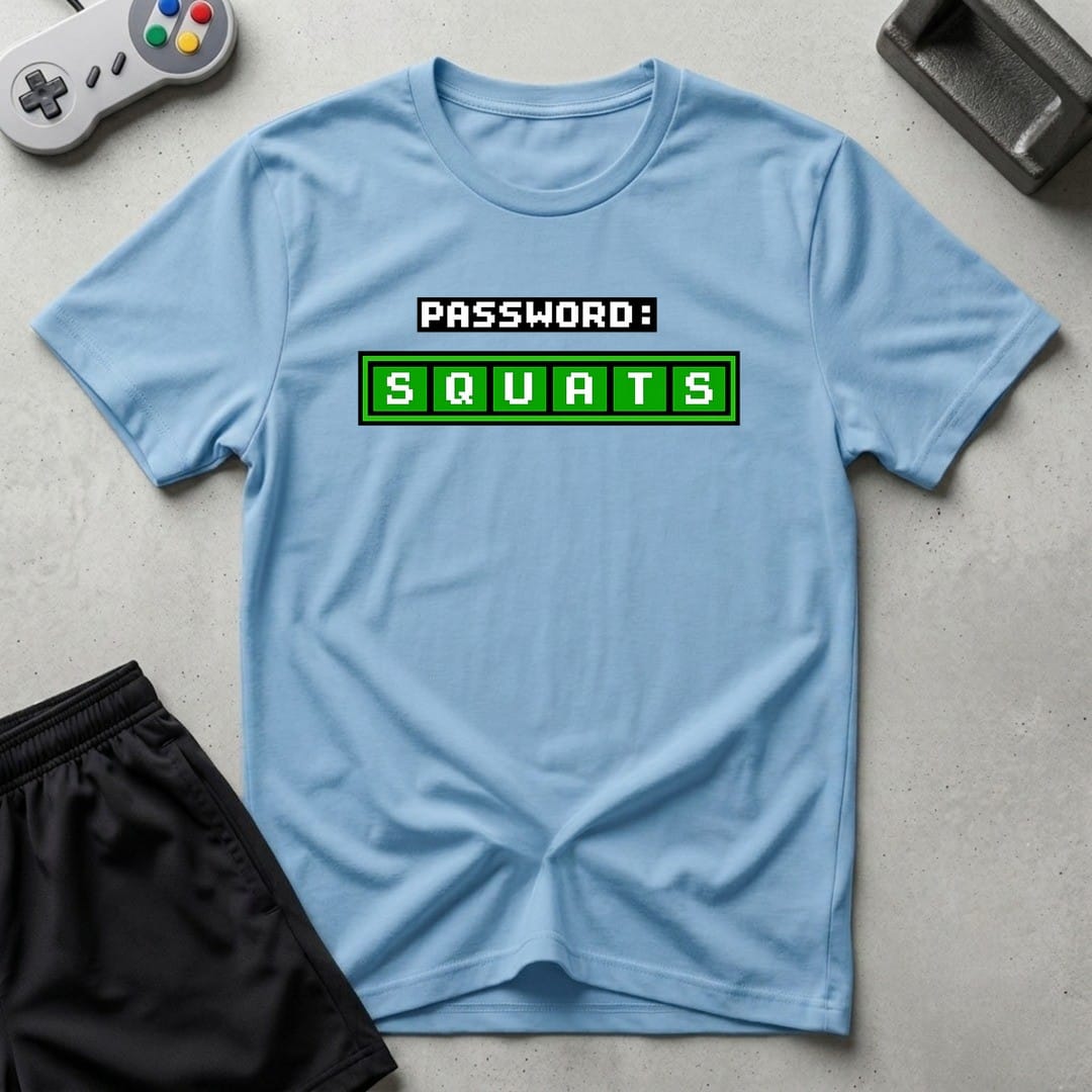DreamMaker mockup — Squats Password T-Shirt (light-blue)
