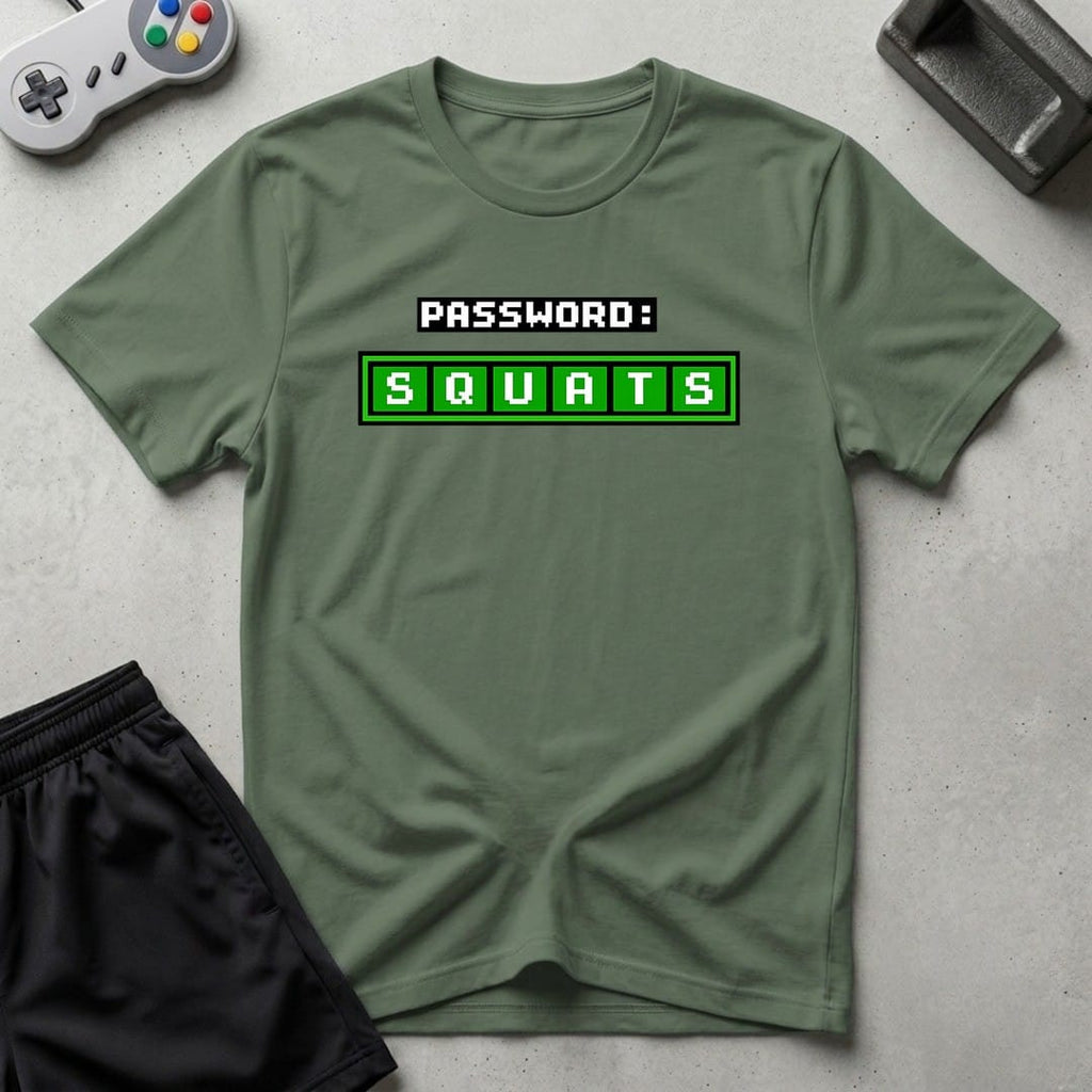 DreamMaker mockup — Squats Password T-Shirt (military-green)