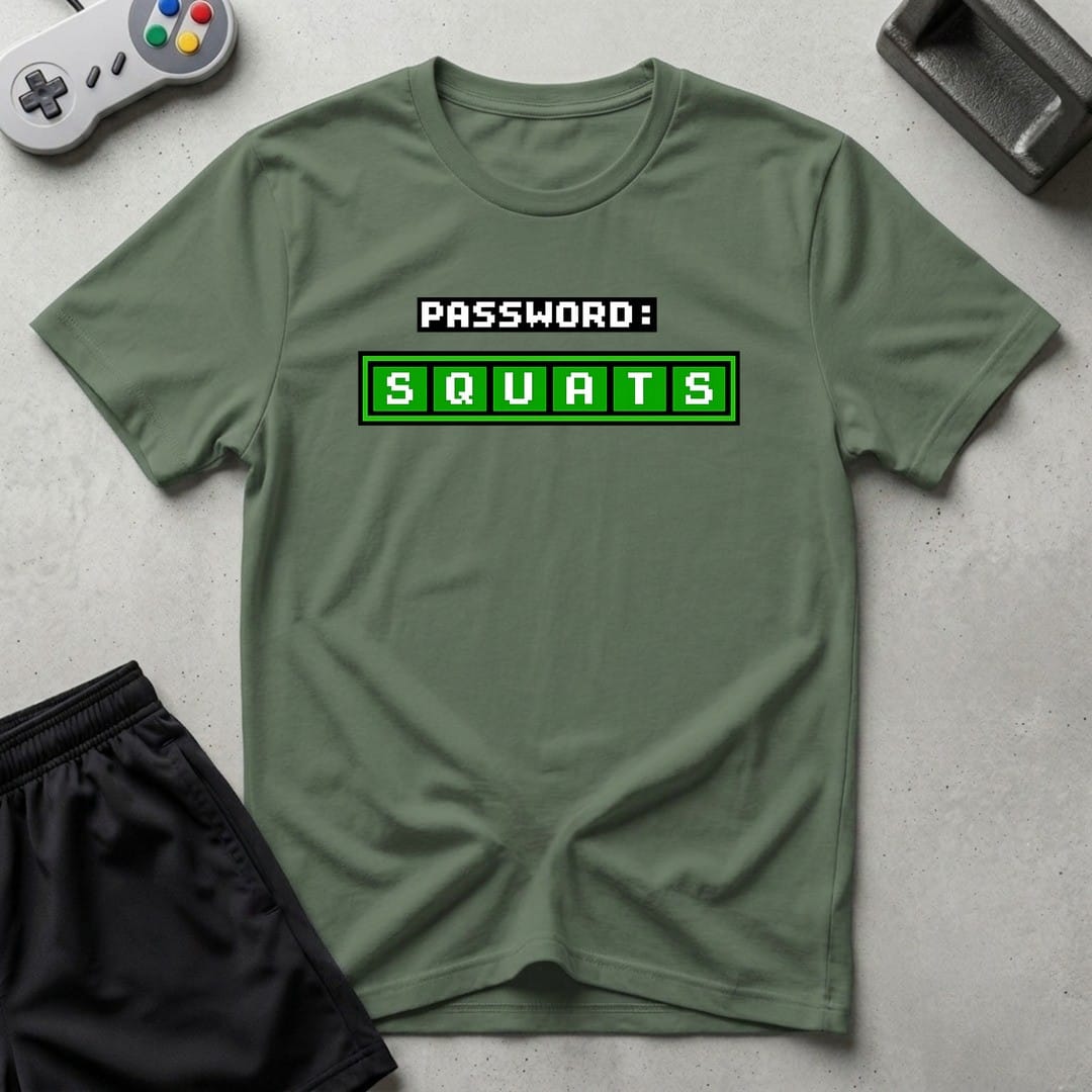 DreamMaker mockup — Squats Password T-Shirt (military-green)