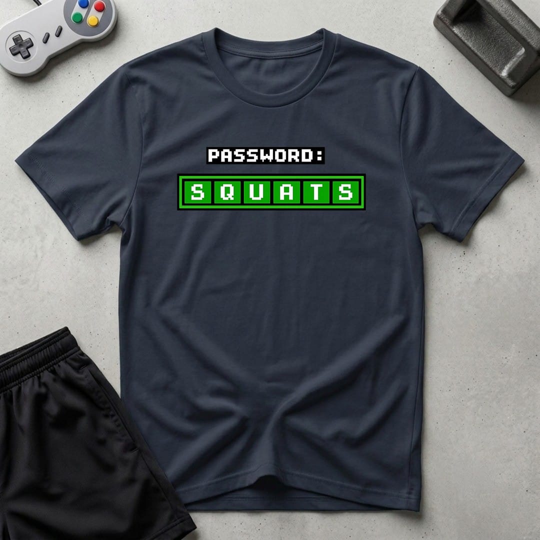 DreamMaker mockup — Squats Password T-Shirt (navy)