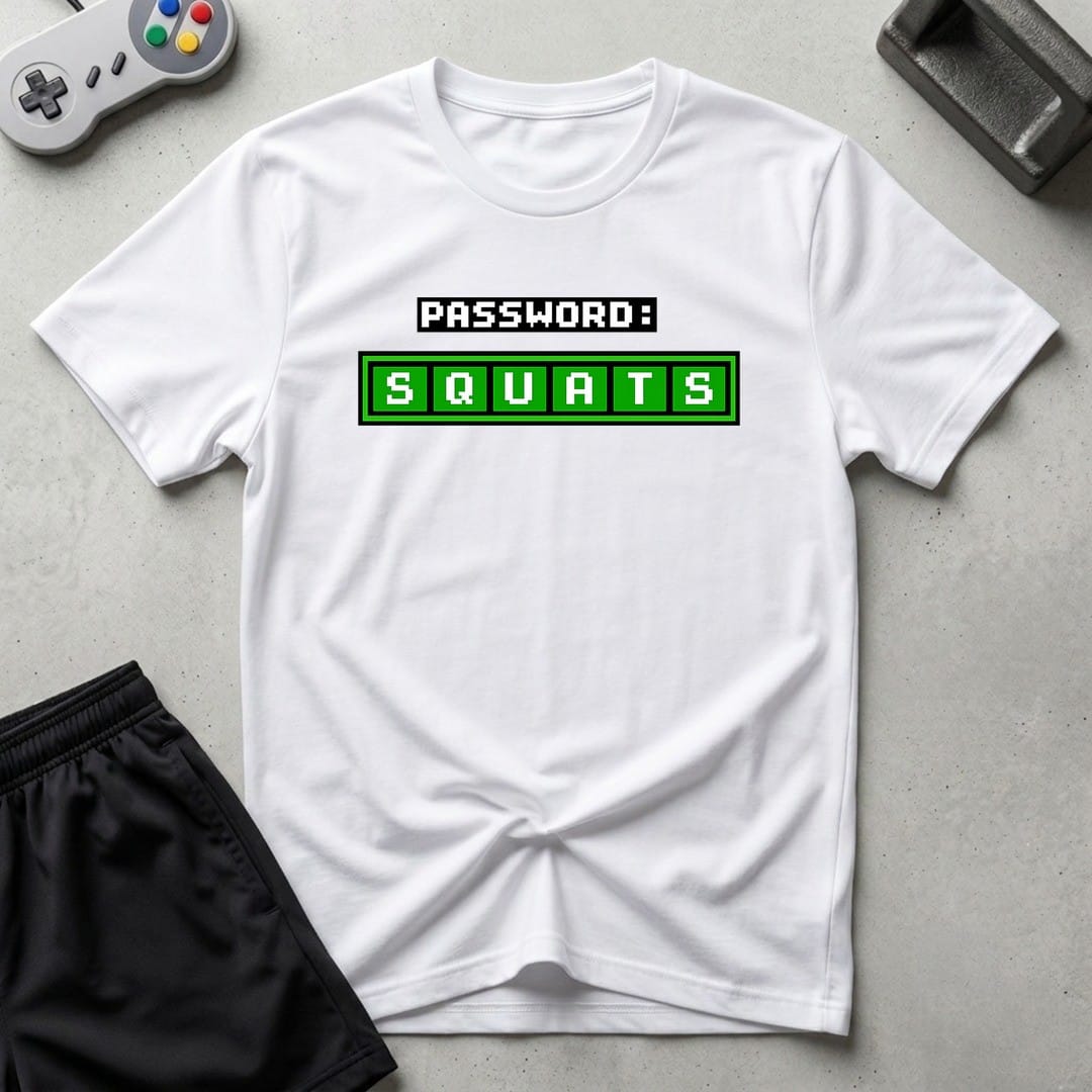 DreamMaker mockup — Squats Password T-Shirt (white)