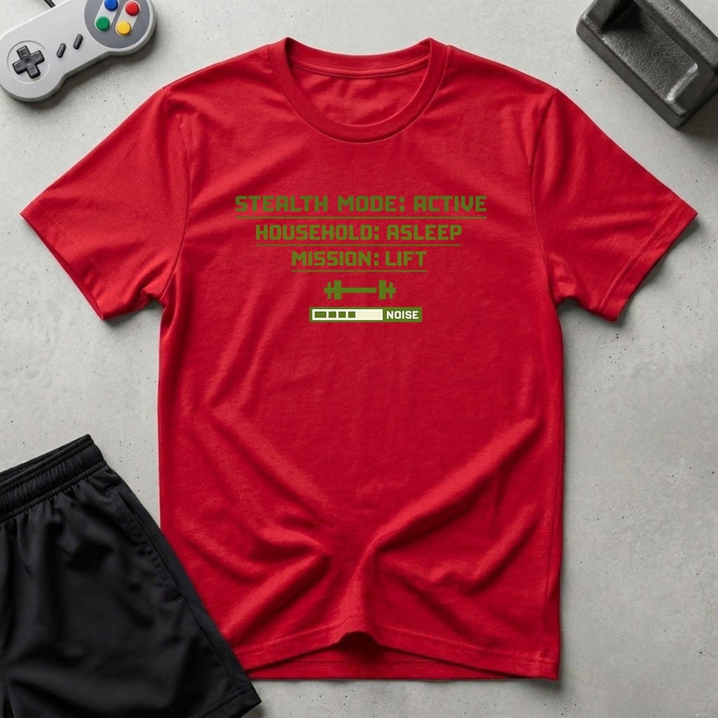 DreamMaker mockup — Stealth Mode Active T-Shirt (red)