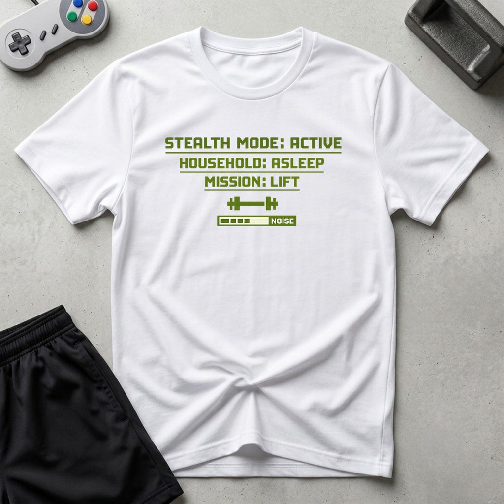 DreamMaker mockup — Stealth Mode Active T-Shirt (white)