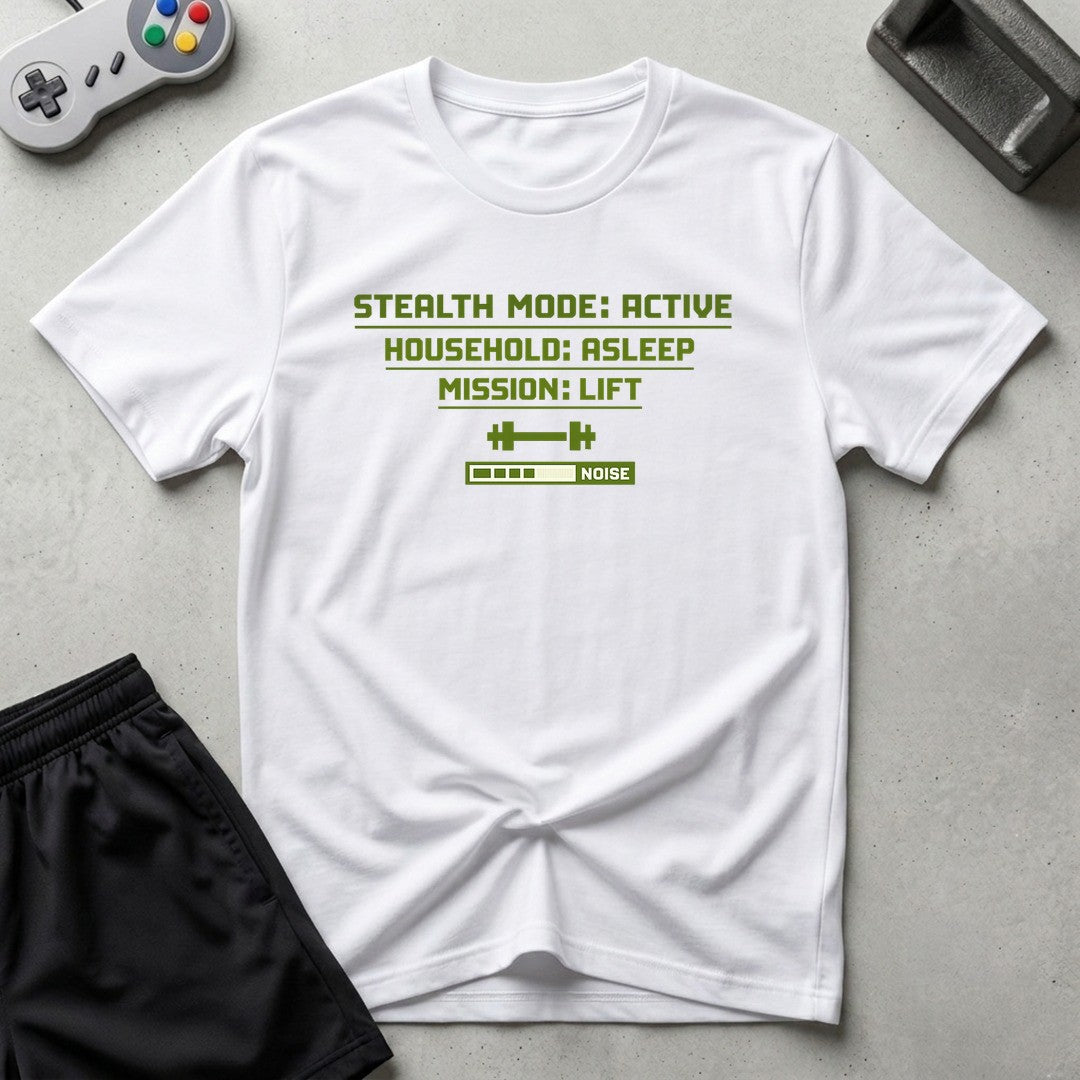 DreamMaker mockup — Stealth Mode Active T-Shirt (white)