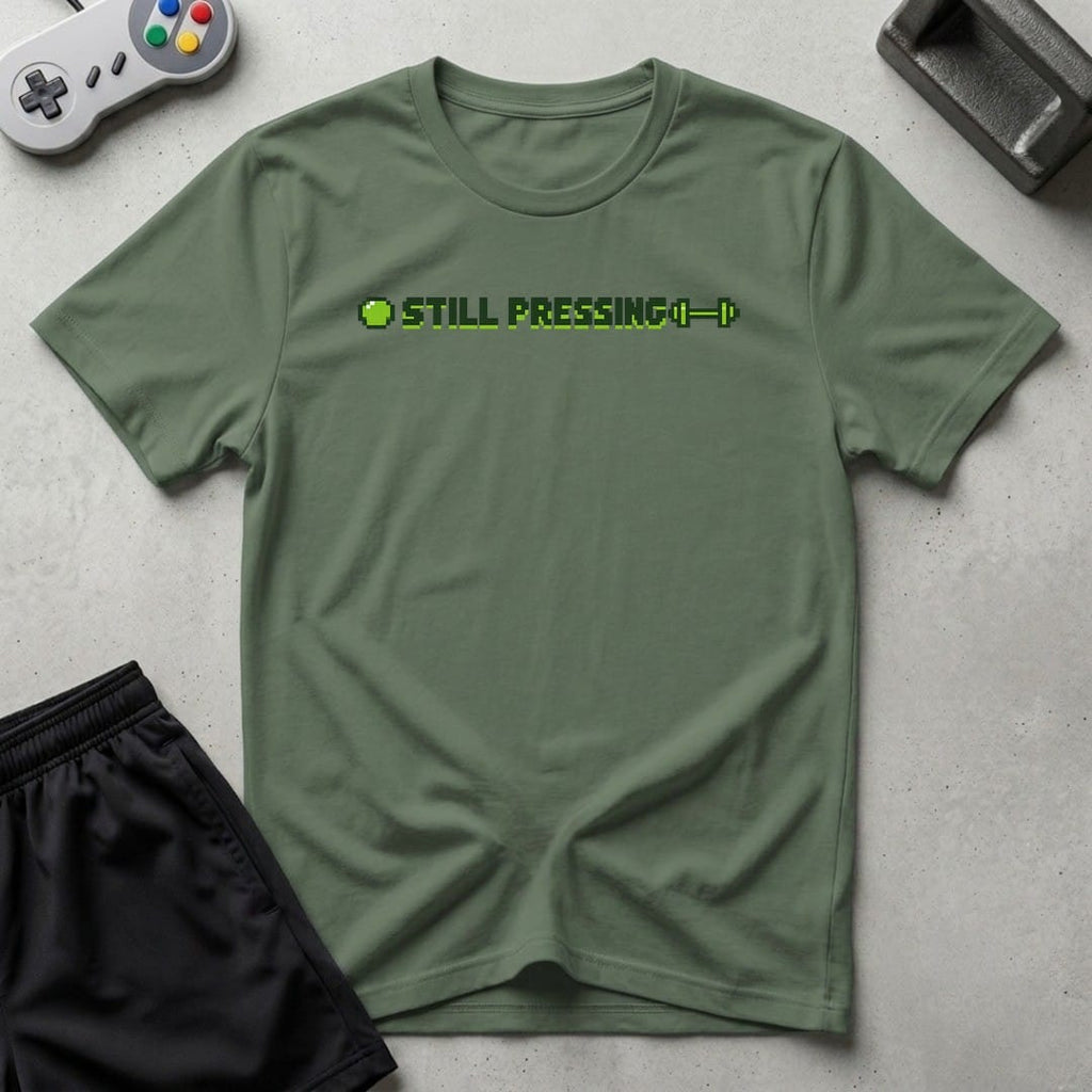 DreamMaker mockup — Still Pressing T-Shirt (military-green)
