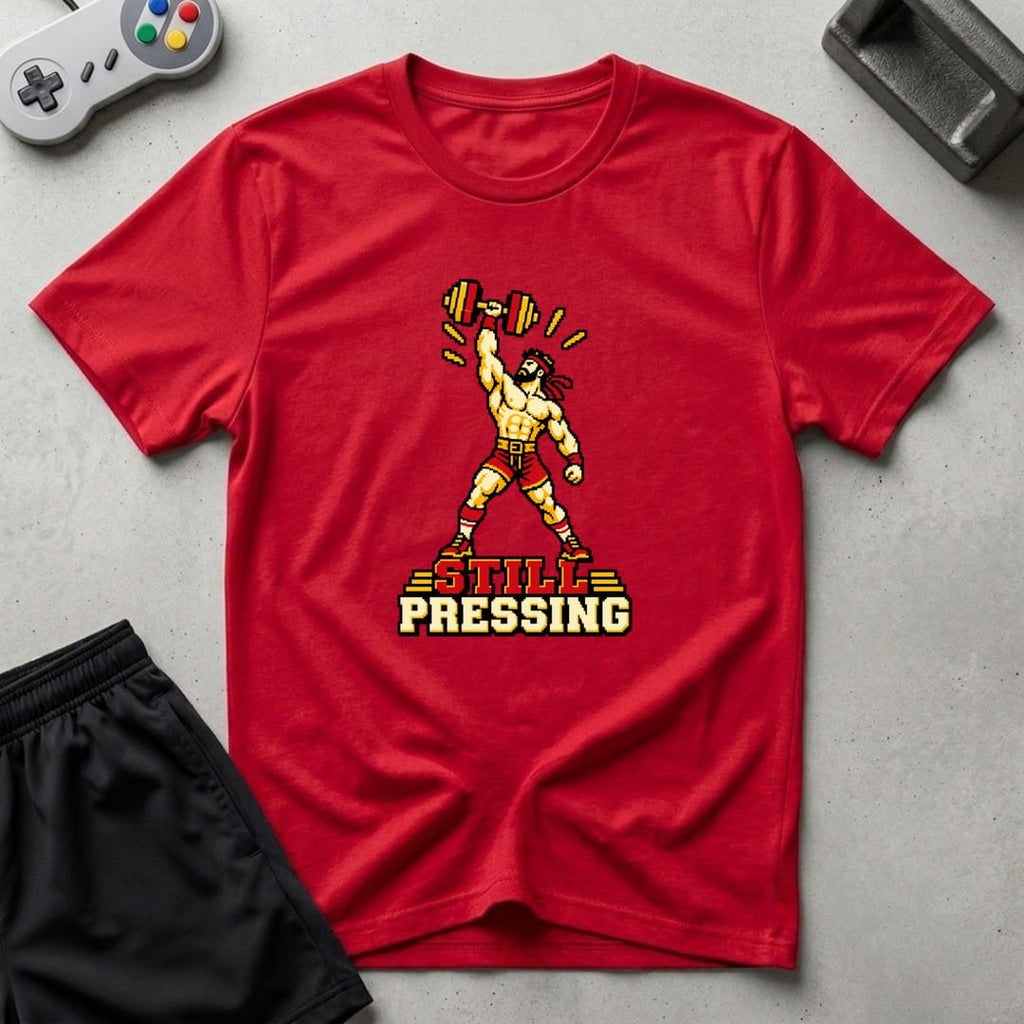 DreamMaker mockup — Still Pressing T-Shirt (red)
