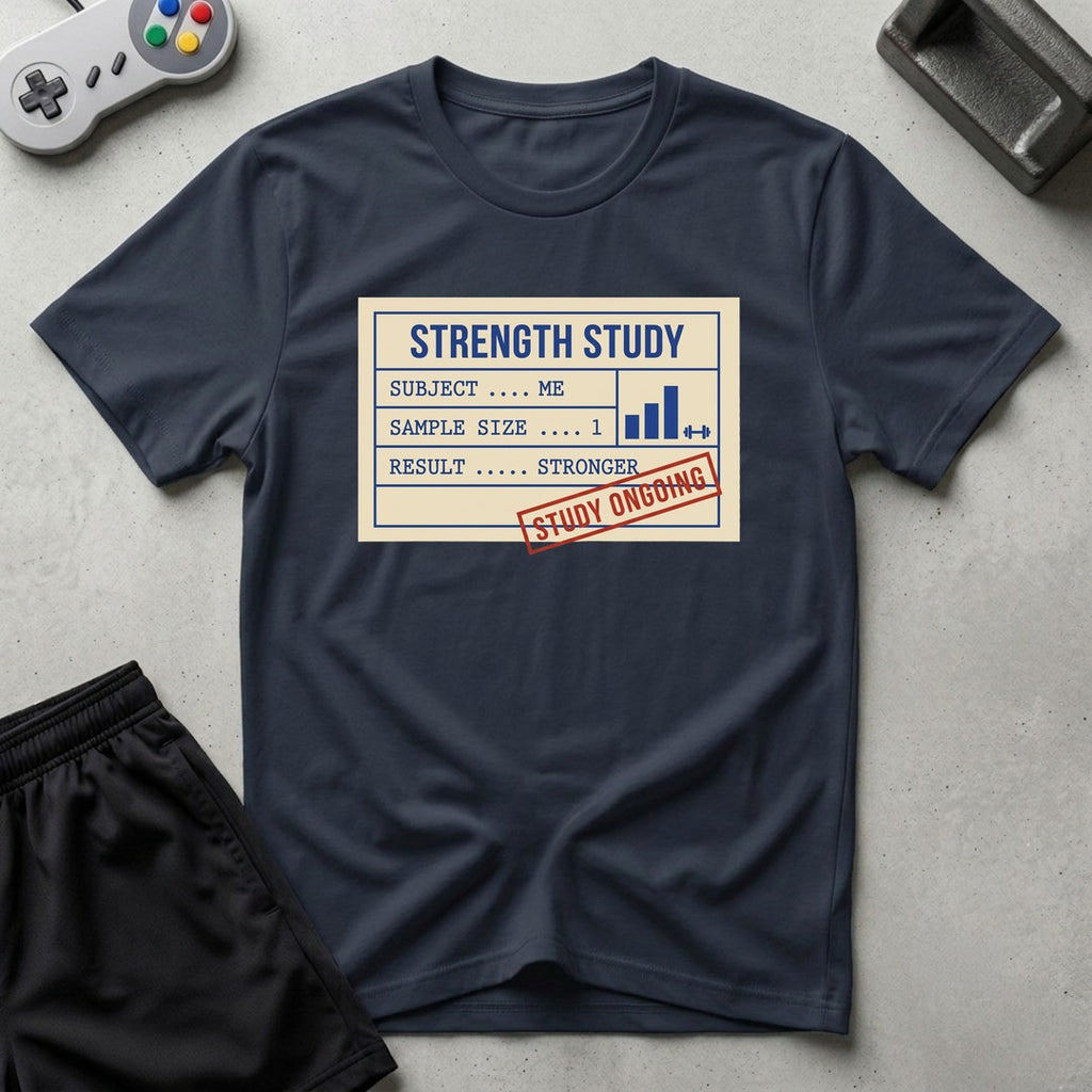 DreamMaker mockup — Strength Study T-Shirt (navy)