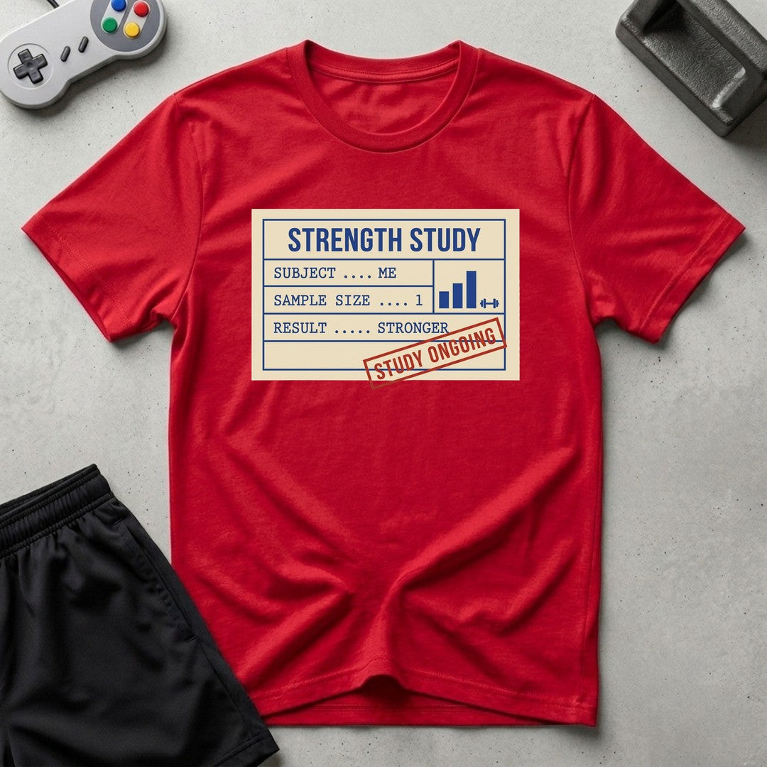 DreamMaker mockup — Strength Study T-Shirt (red)