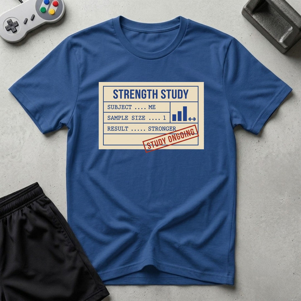 DreamMaker mockup — Strength Study T-Shirt (royal)
