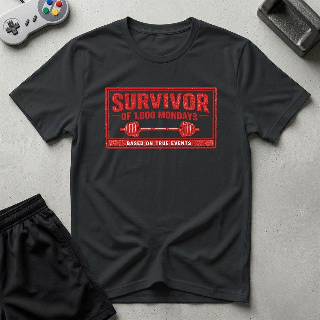 DreamMaker mockup — Survivor 1000 Mondays T-Shirt (black)