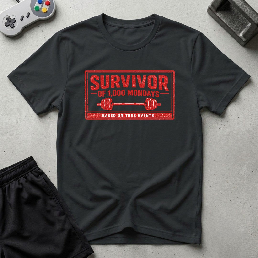 DreamMaker mockup — Survivor 1000 Mondays T-Shirt (black)