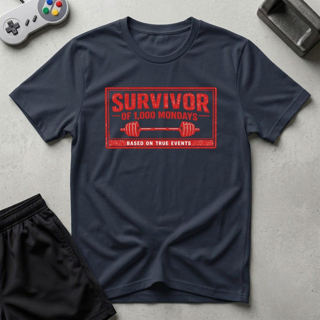 DreamMaker mockup — Survivor 1000 Mondays T-Shirt (navy)