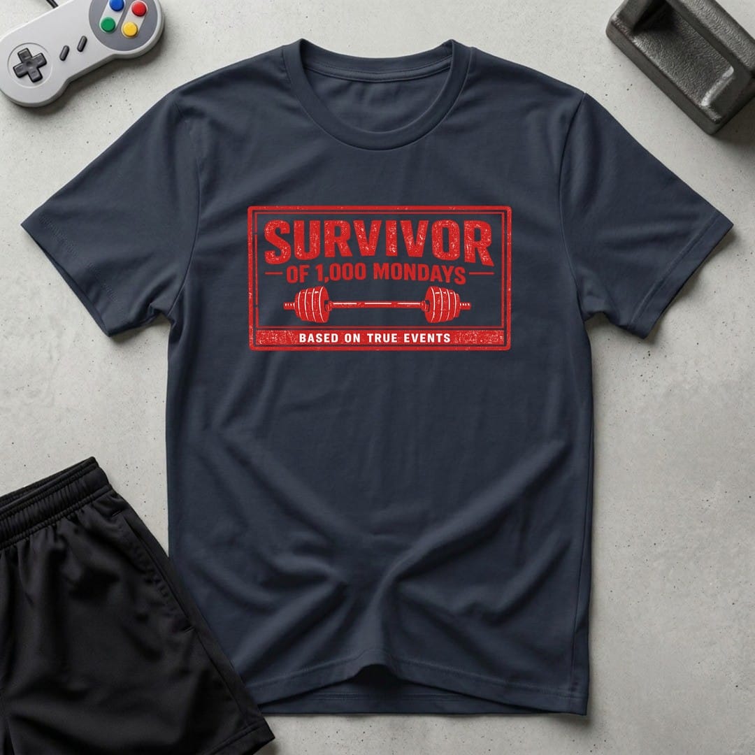DreamMaker mockup — Survivor 1000 Mondays T-Shirt (navy)