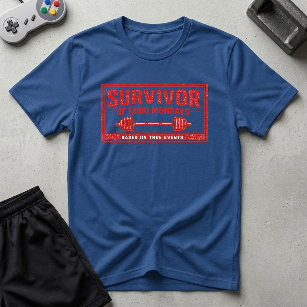 DreamMaker mockup — Survivor 1000 Mondays T-Shirt (royal)