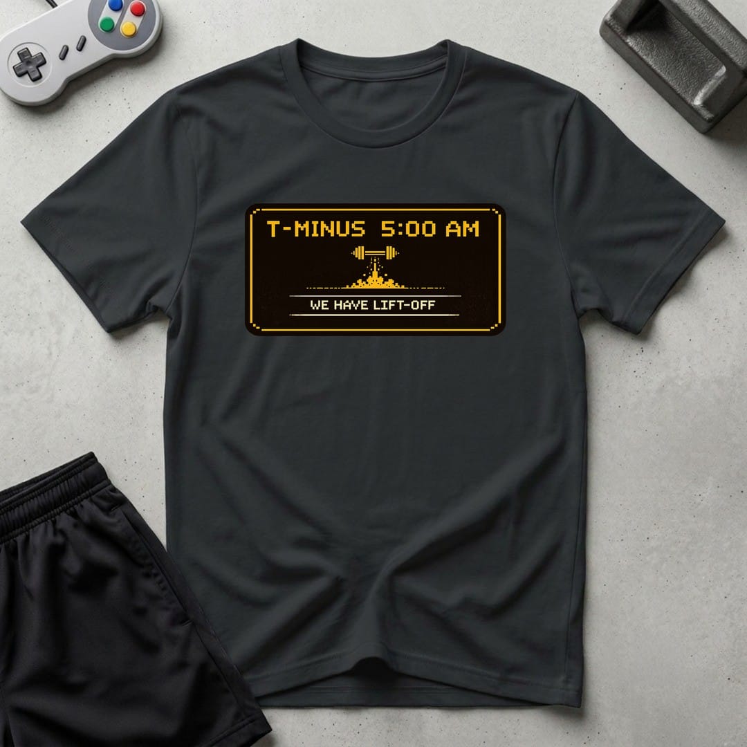 DreamMaker mockup — T Minus 5 AM T-Shirt (black)