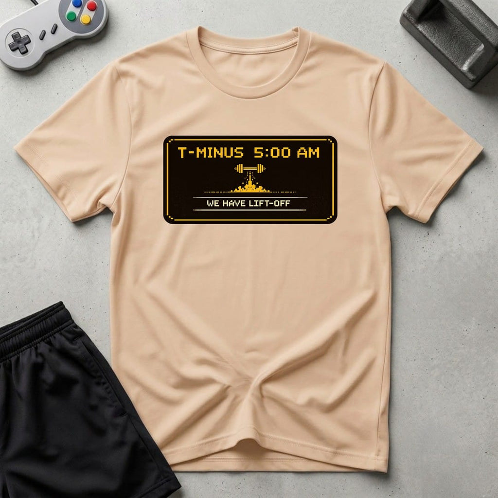 DreamMaker mockup — T Minus 5 AM T-Shirt (natural)