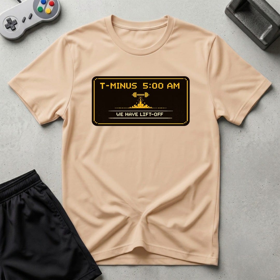 DreamMaker mockup — T Minus 5 AM T-Shirt (natural)
