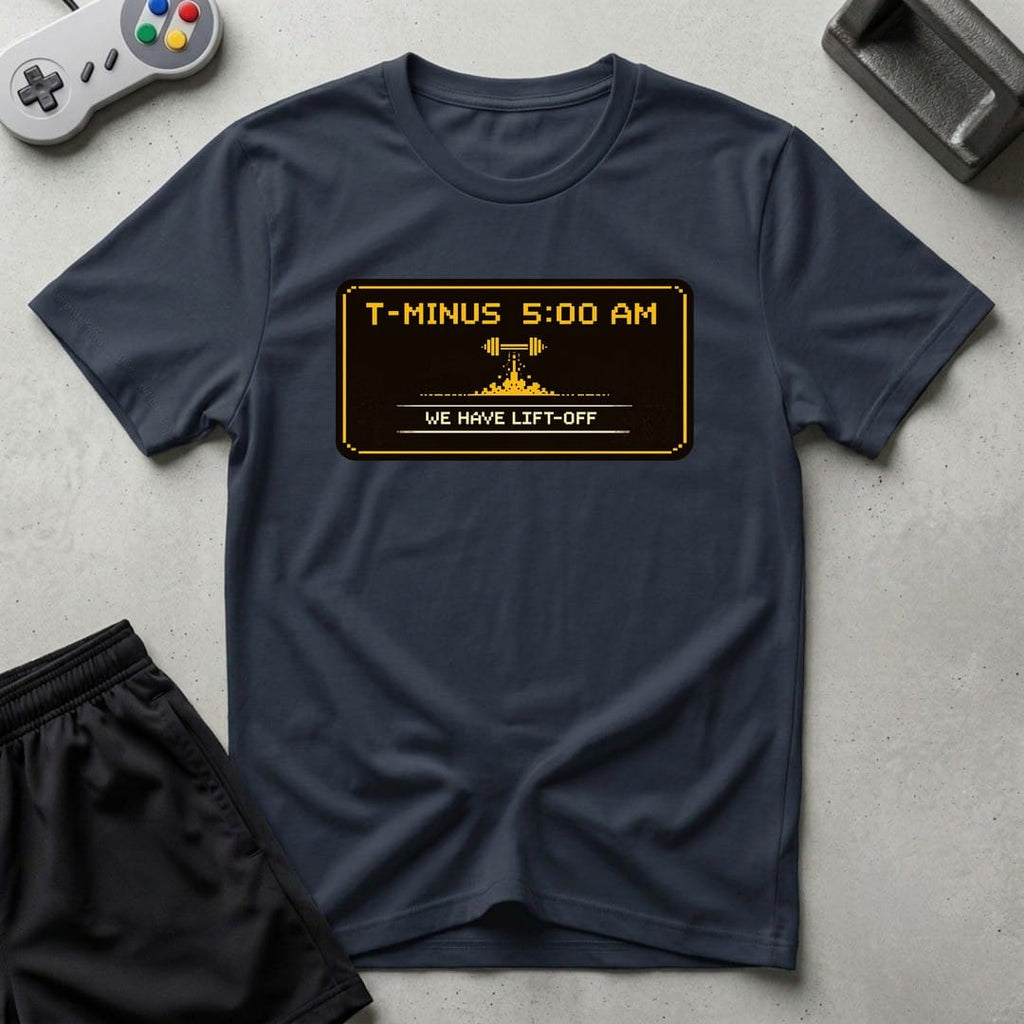 DreamMaker mockup — T Minus 5 AM T-Shirt (navy)