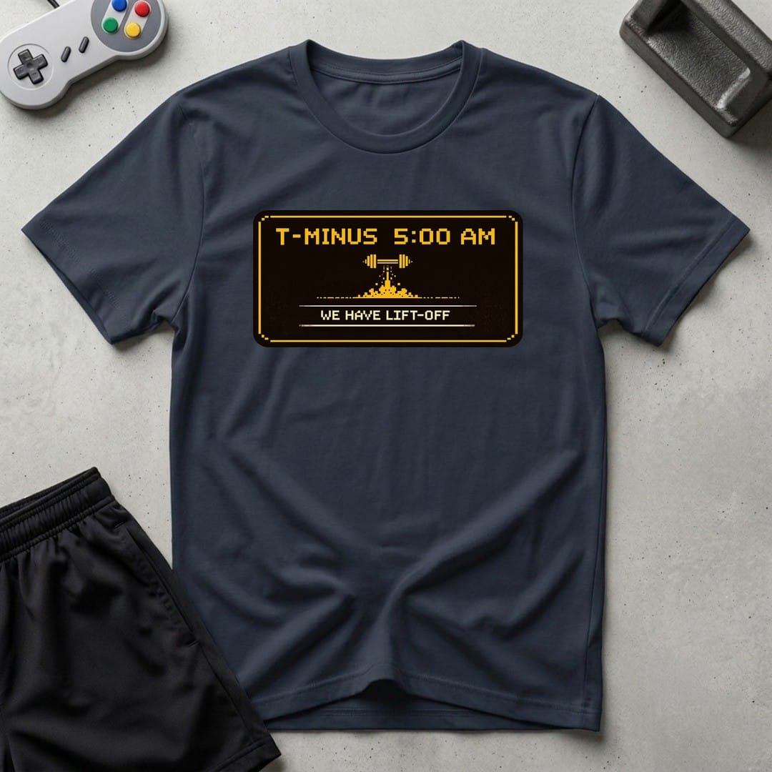 DreamMaker mockup — T Minus 5 AM T-Shirt (navy)