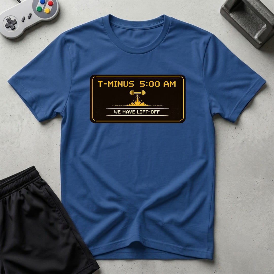 DreamMaker mockup — T Minus 5 AM T-Shirt (royal)