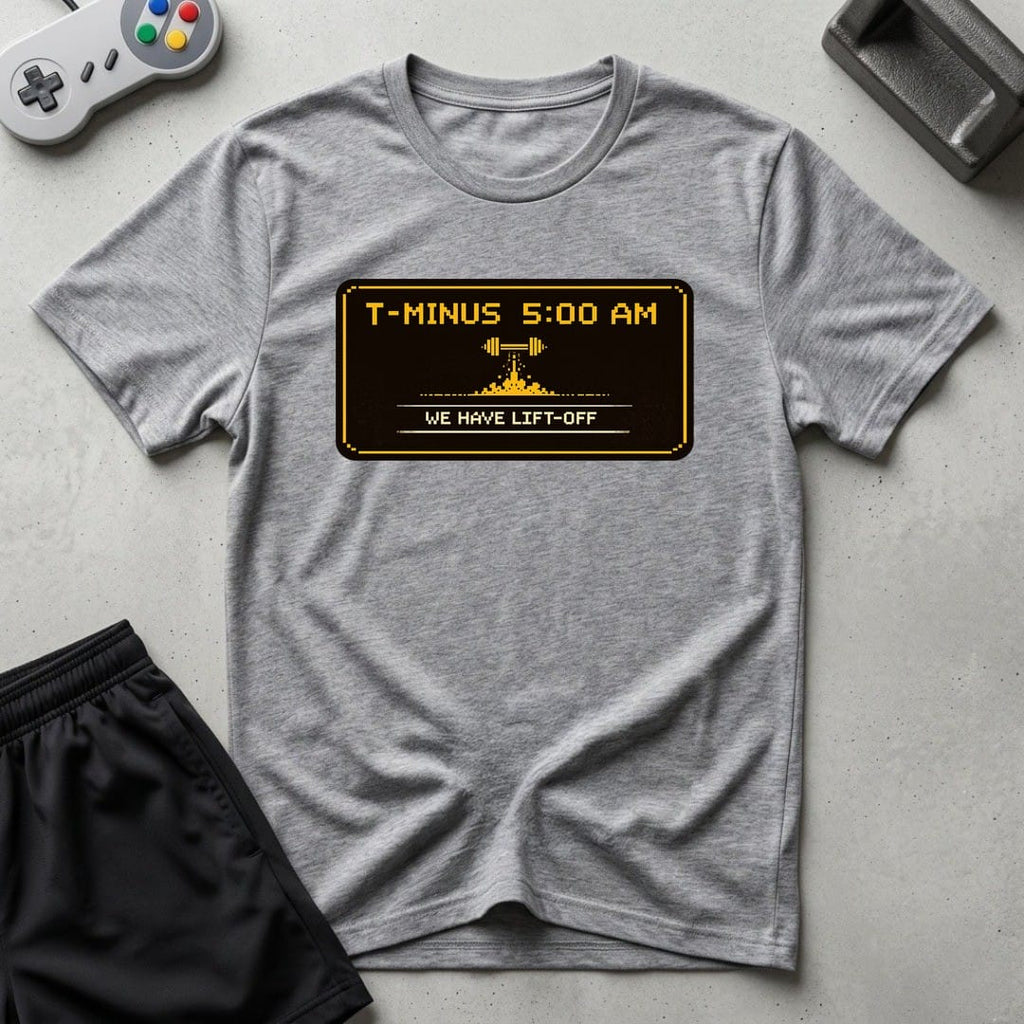 DreamMaker mockup — T Minus 5 AM T-Shirt (sport-grey)