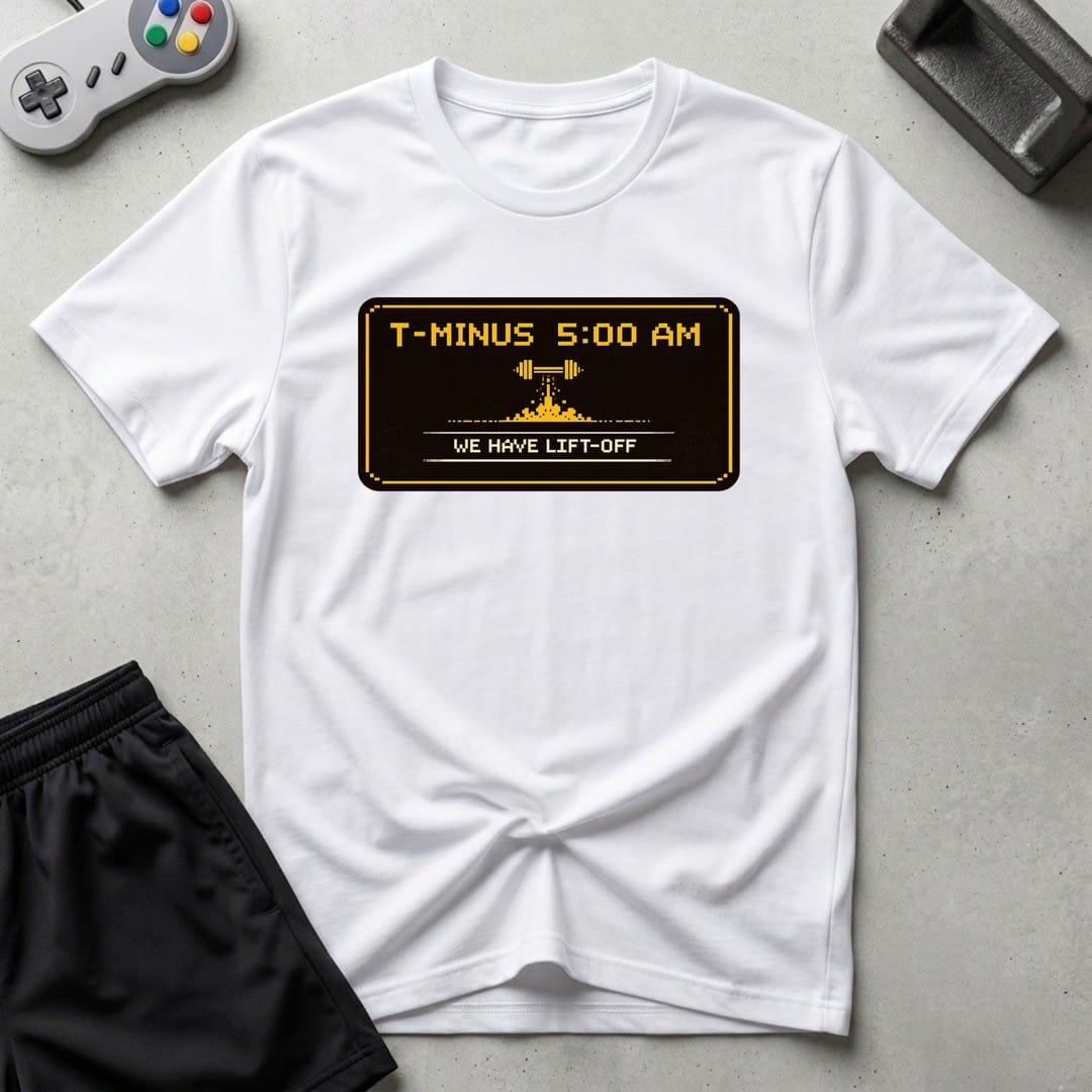 DreamMaker mockup — T Minus 5 AM T-Shirt (white)