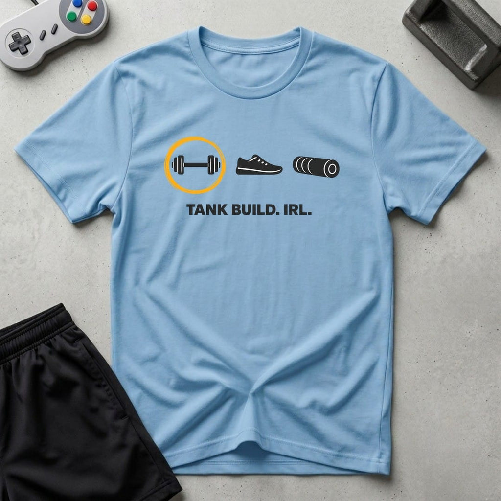 DreamMaker mockup — Tank Build IRL T-Shirt (light-blue)