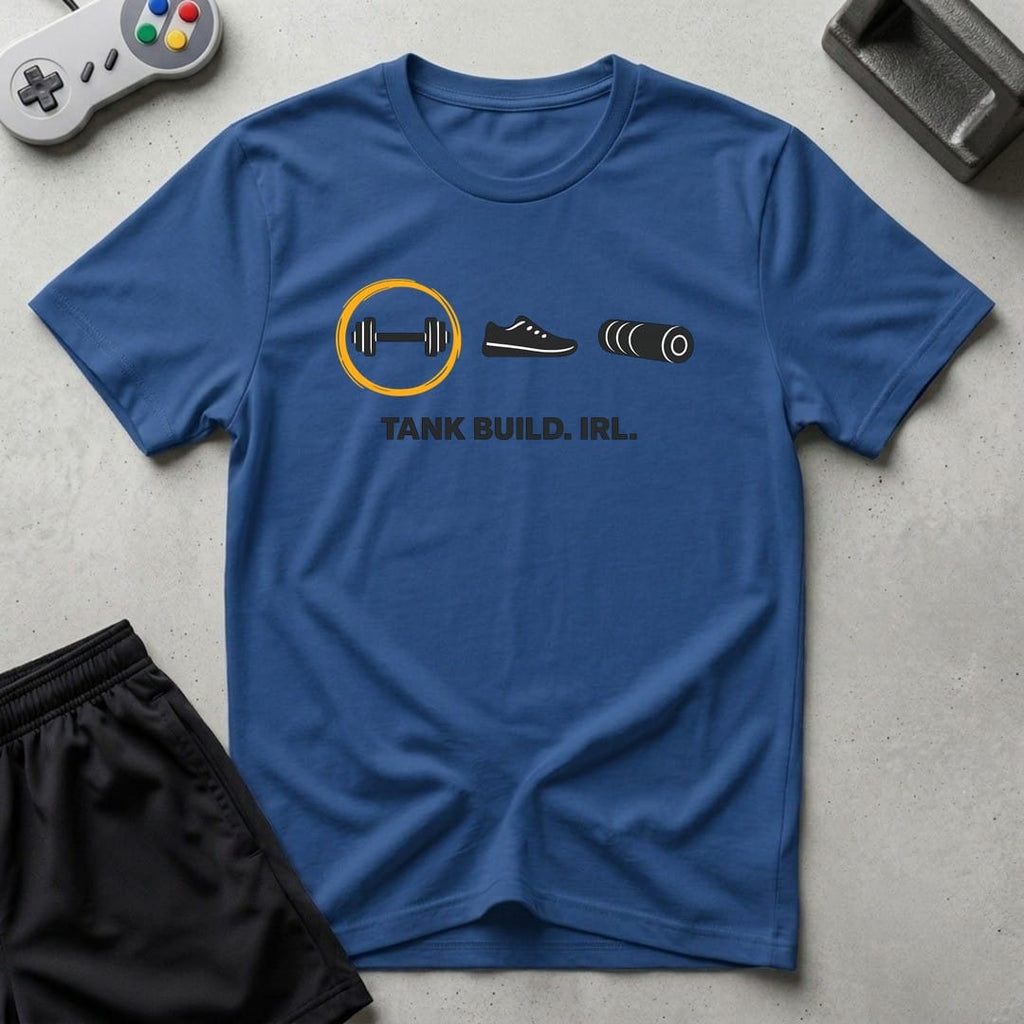 DreamMaker mockup — Tank Build IRL T-Shirt (royal)