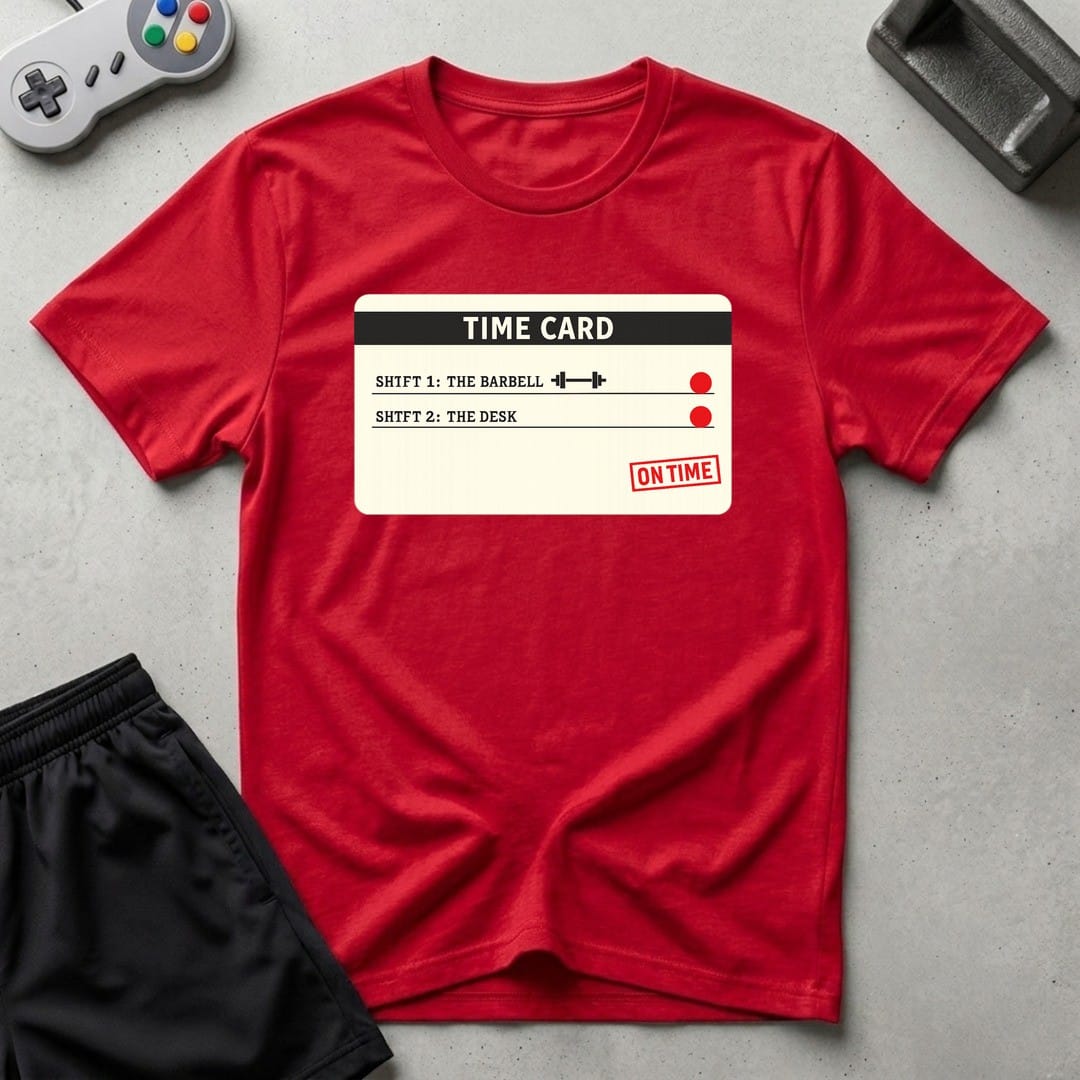 DreamMaker mockup — Time Card T-Shirt (red)
