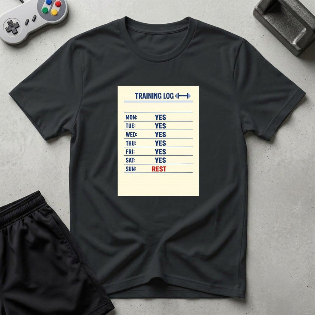 DreamMaker mockup — Training Log T-Shirt (black)