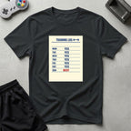 DreamMaker mockup — Training Log T-Shirt (black)