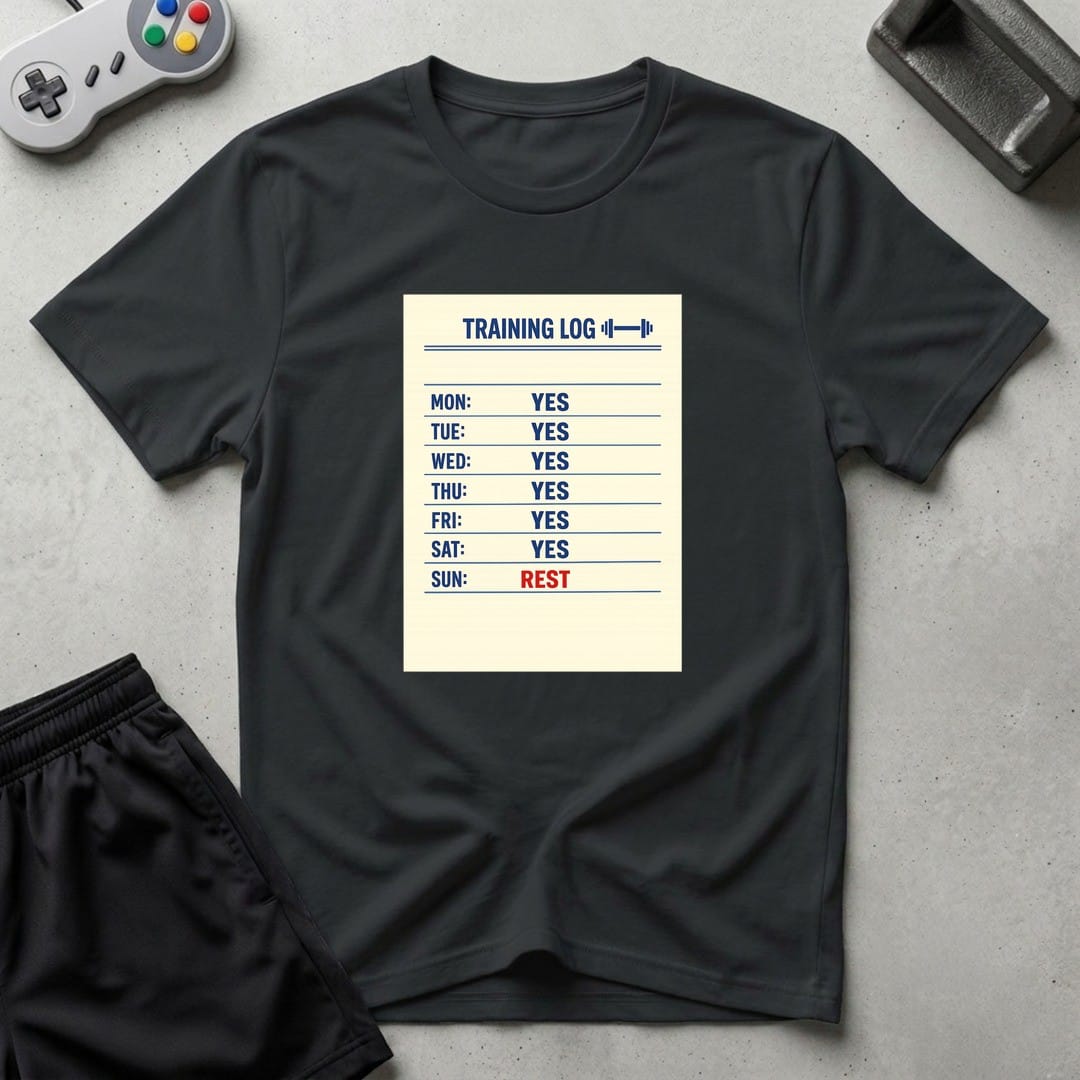 DreamMaker mockup — Training Log T-Shirt (black)