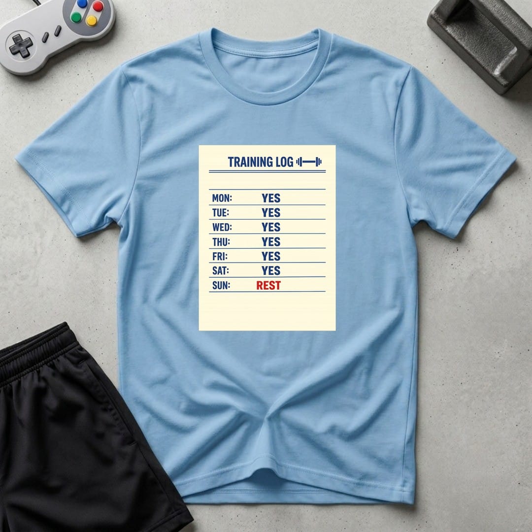 DreamMaker mockup — Training Log T-Shirt (light-blue)