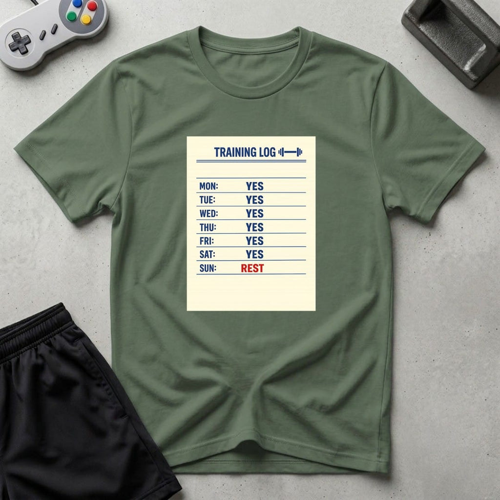 DreamMaker mockup — Training Log T-Shirt (military-green)
