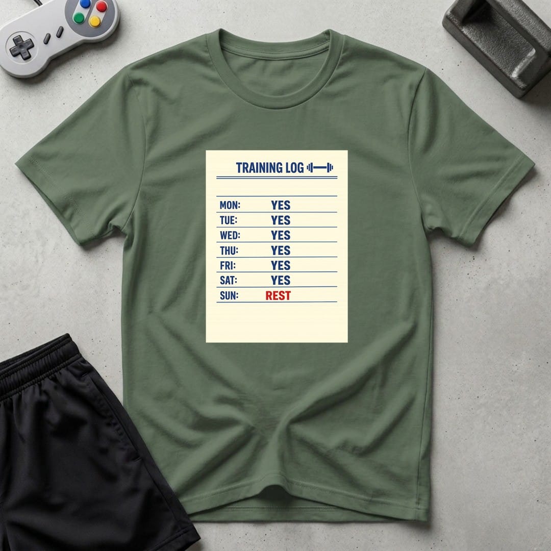 DreamMaker mockup — Training Log T-Shirt (military-green)