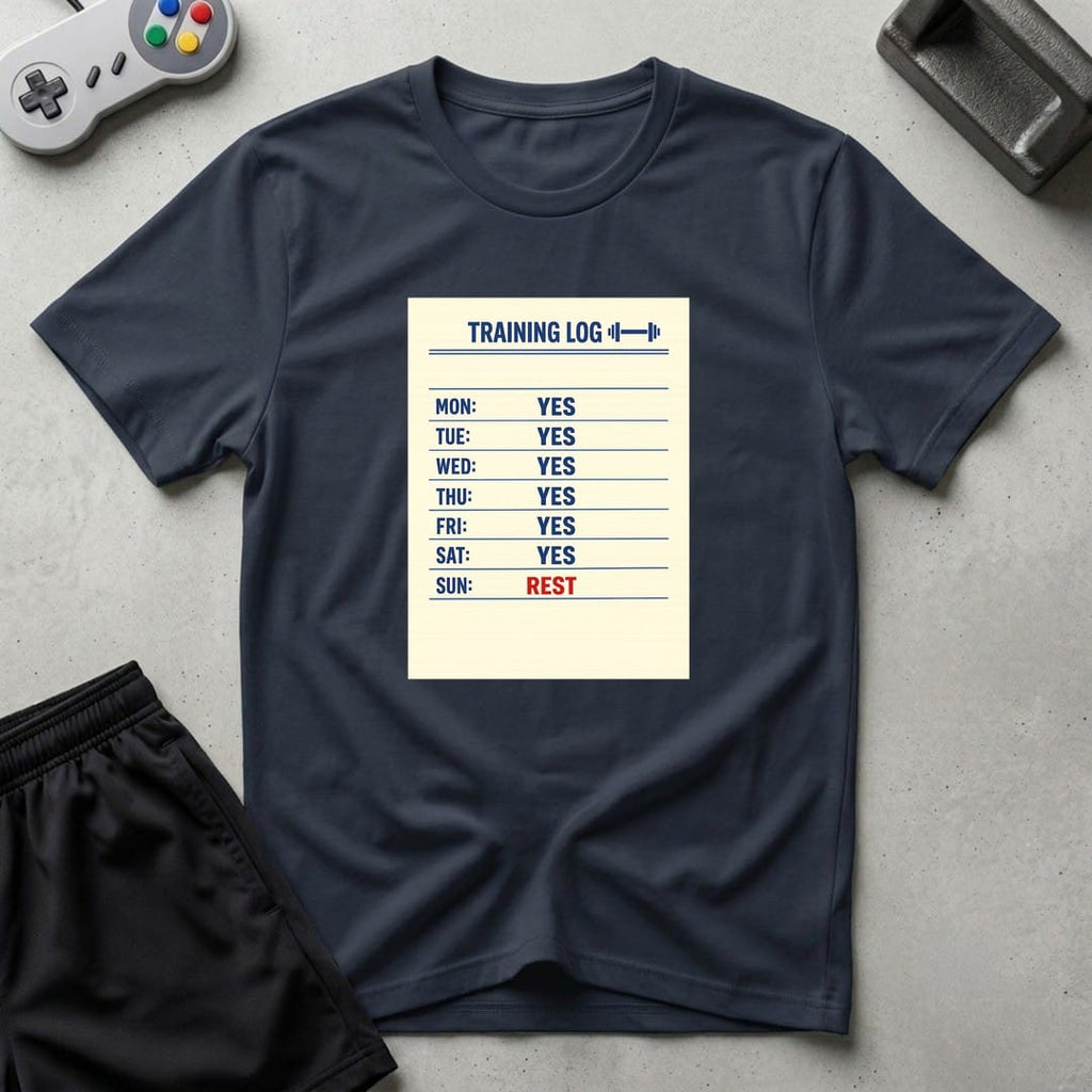 DreamMaker mockup — Training Log T-Shirt (navy)