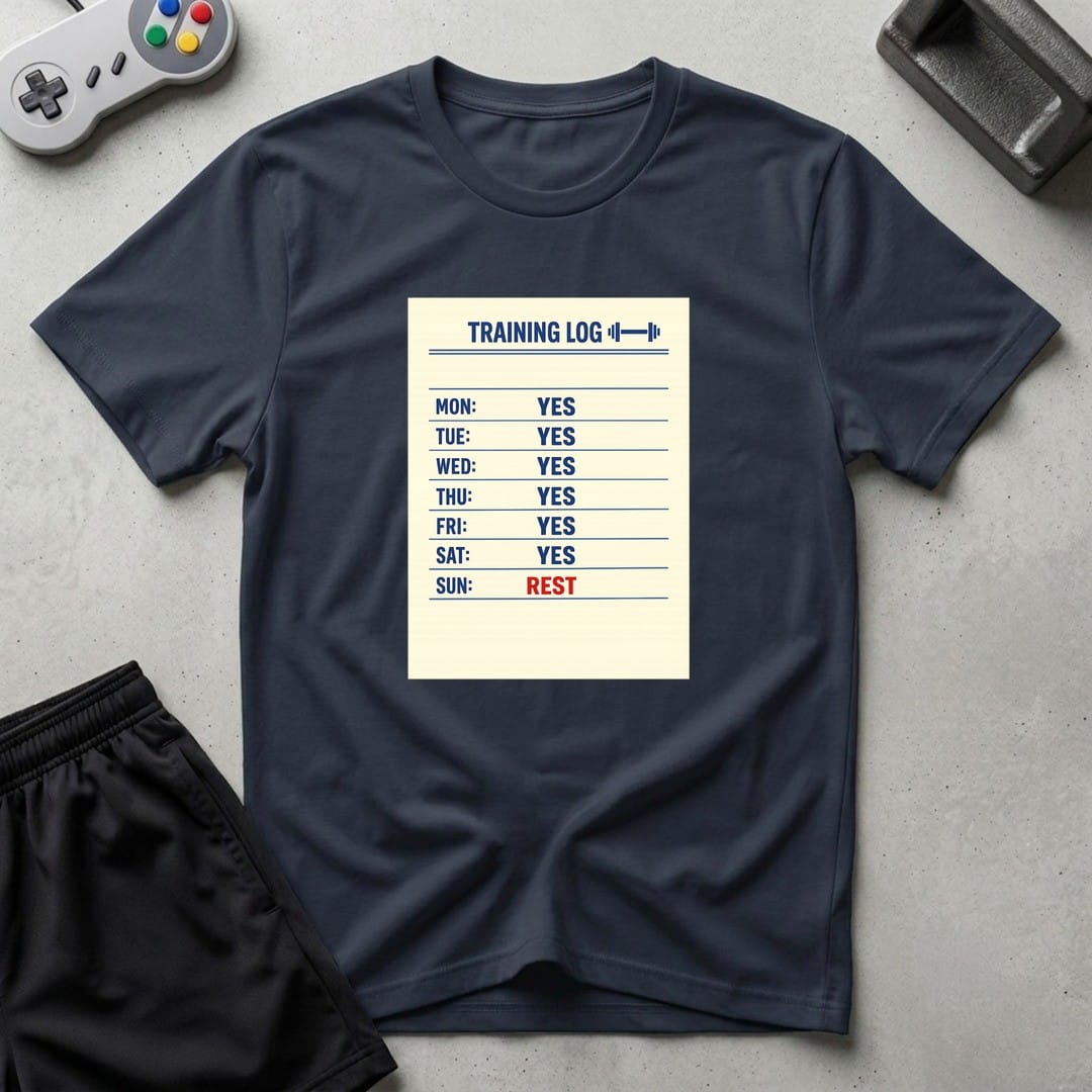 DreamMaker mockup — Training Log T-Shirt (navy)