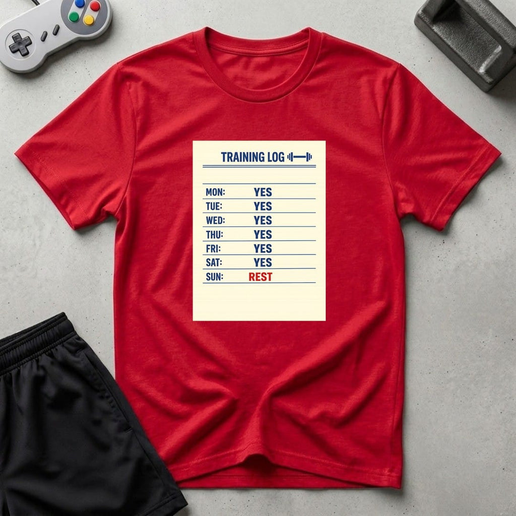DreamMaker mockup — Training Log T-Shirt (red)
