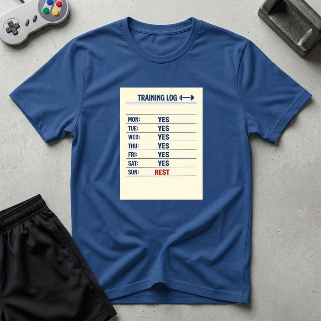 DreamMaker mockup — Training Log T-Shirt (royal)