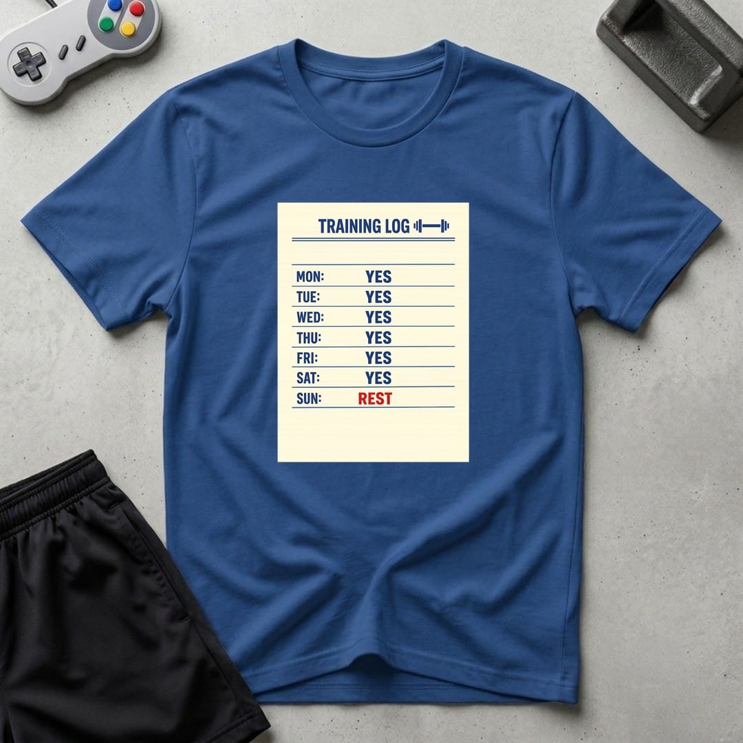 DreamMaker mockup — Training Log T-Shirt (royal)