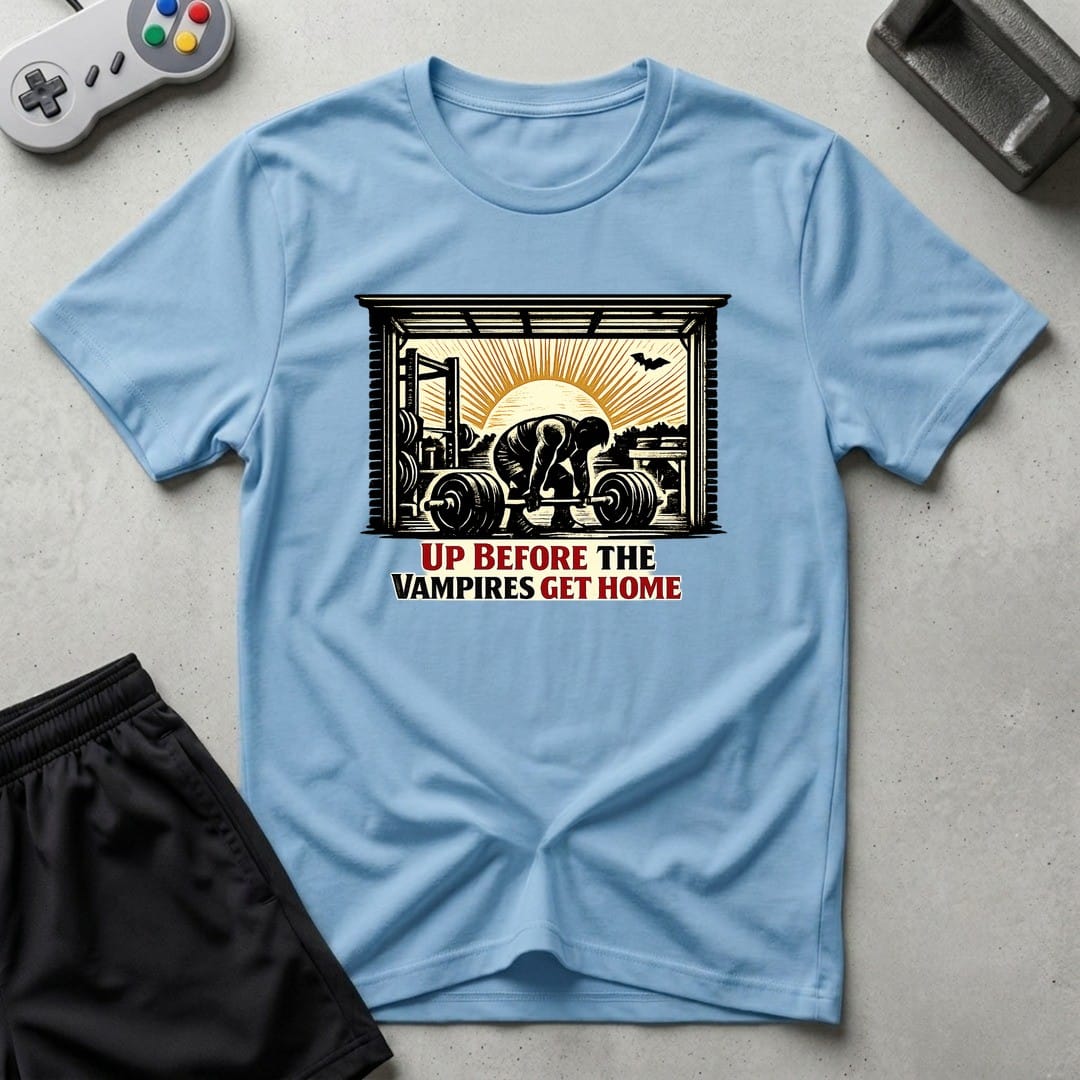 DreamMaker mockup — Up Before Vampires T-Shirt (light-blue)